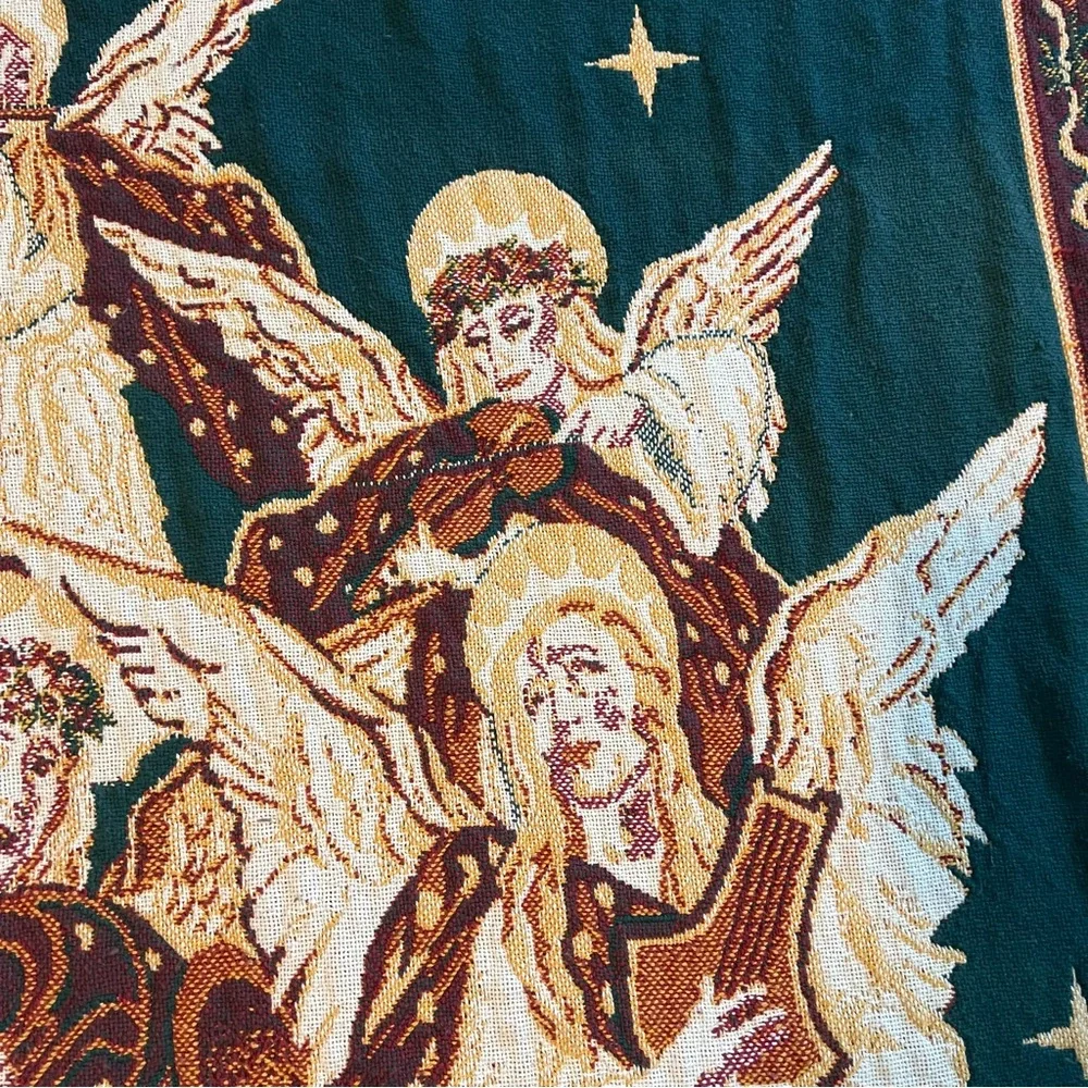 Festive Holiday Tapestry Throw blanket cover with Angels 46” x 66”